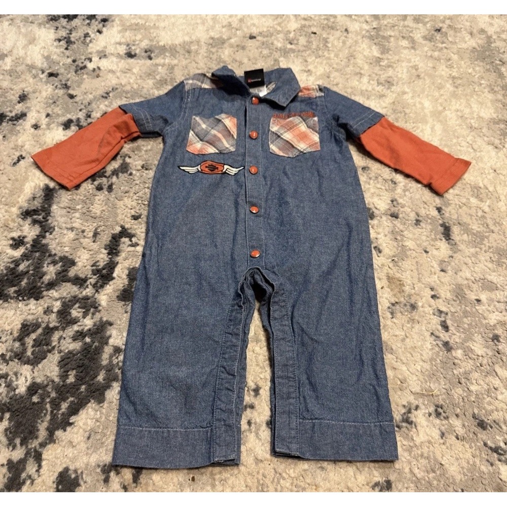 Harley Davidson Romper One Piece Boys 6-9 Months 6M/9M Blur Chambray Coverall
